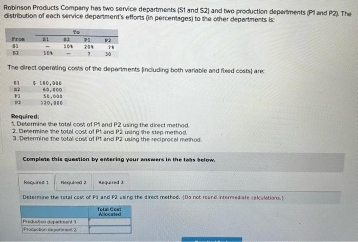 Solved Robinson Products Company Has Two Service Departments | Chegg.com