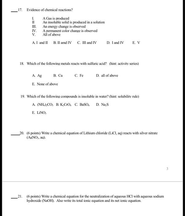 Solved 17. Evidence of chemical reactions? I. A Gas is | Chegg.com