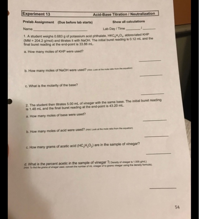 experiment 13 acid base titration