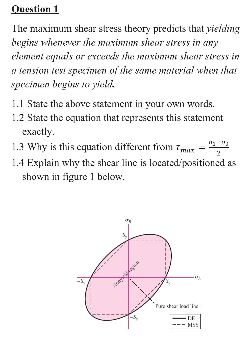 Solved Question 1 The Maximum Shear Stress Theory Predicts | Chegg.com