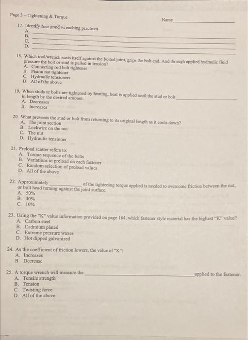 Section Six Questions - Tightening and Torque Name 1. | Chegg.com