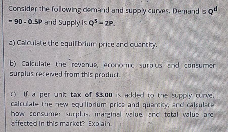 Solved Consider the following demand and supply curves. | Chegg.com