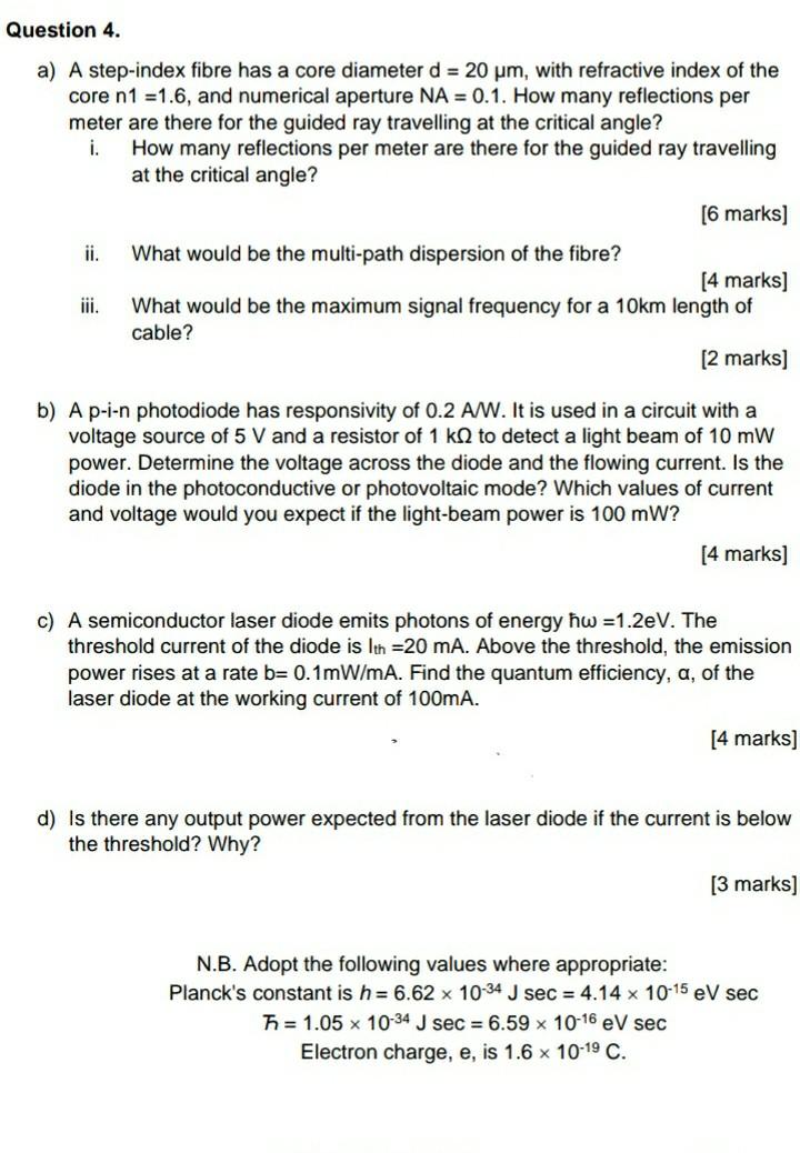 Solved Question 4. a) A step-index fibre has a core diameter | Chegg.com