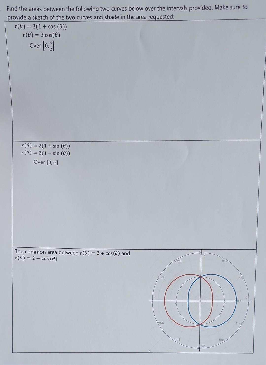 Find the areas between the following two curves below | Chegg.com