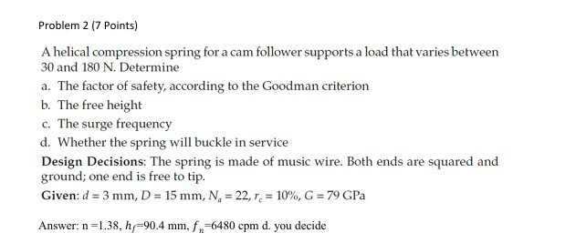Solved Problem 2 (7 ﻿Points)A helical compression spring for | Chegg.com