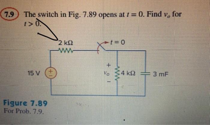 Solved 7.9 The switch in Fig. 7.89 opens at t = 0. Find V. | Chegg.com
