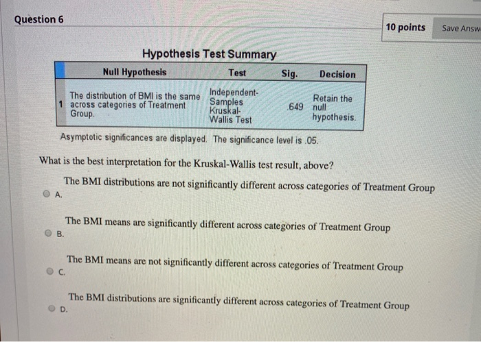 Solved Question 6 10 points Save Answ Hypothesis Test | Chegg.com