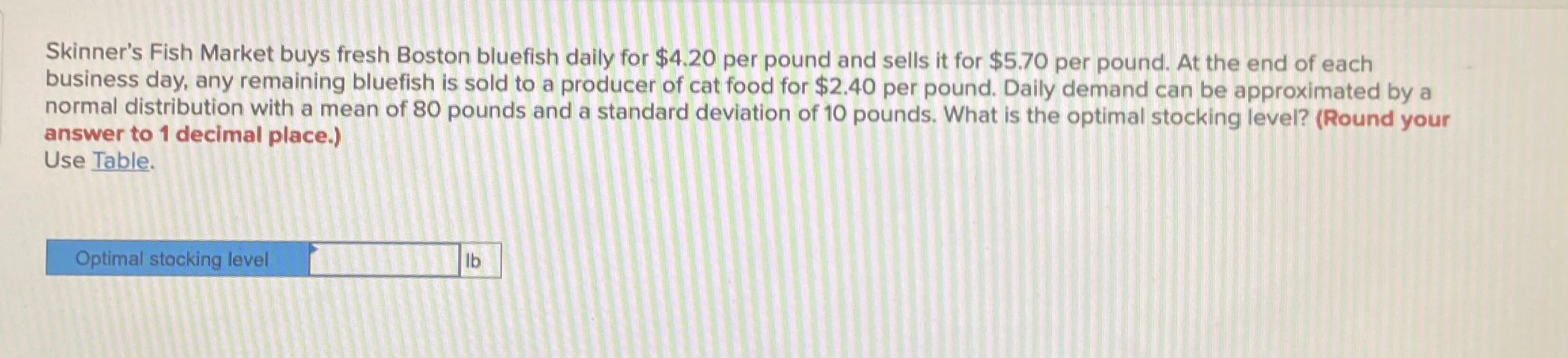 Solved Skinner's Fish Market buys fresh Boston bluefish