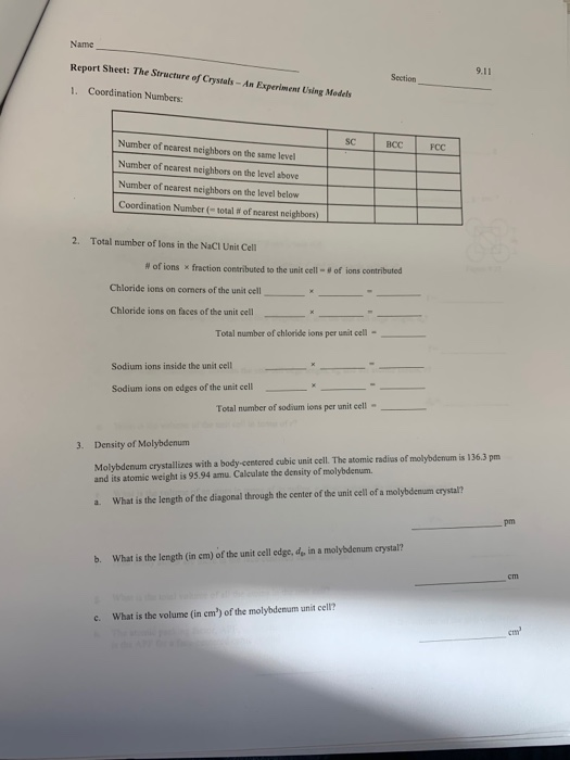Name Report Sheet The Structure Of Crystals An Chegg 