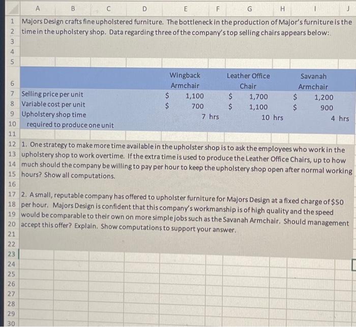 Solved Majors Design crafts fine upholstered furniture. The