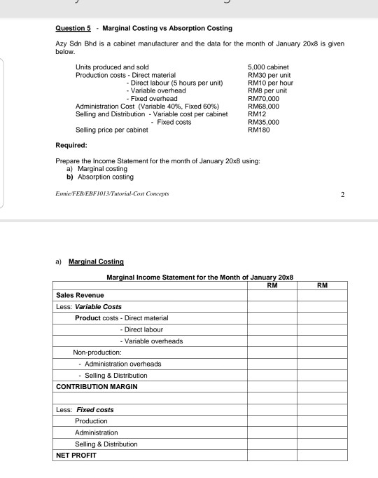 Jessy Chong Jc Chapter 6 Absorption Marginal Costing Questions