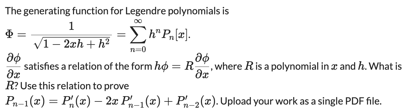Solved The generating function for Legendre polynomials | Chegg.com