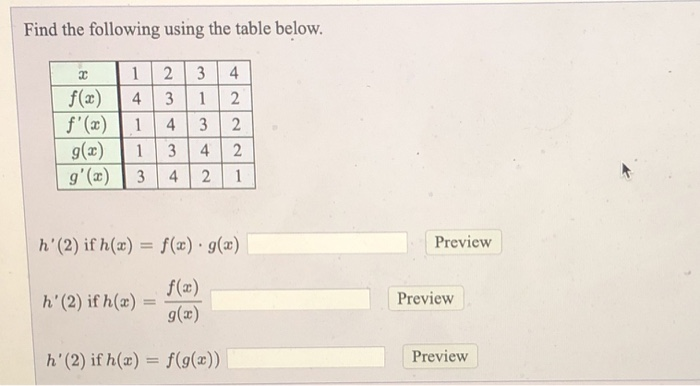 Solved Find the following using the table below. 1 2 3 4 | Chegg.com