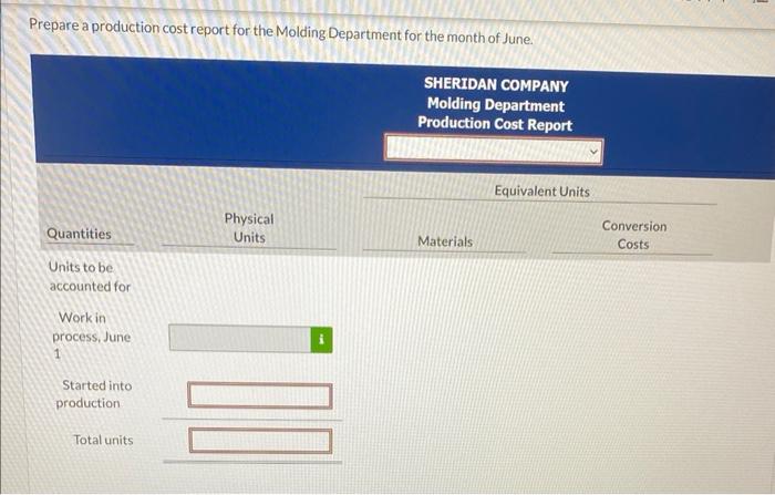Prepare a production cost report for the Molding Department for the month of June.