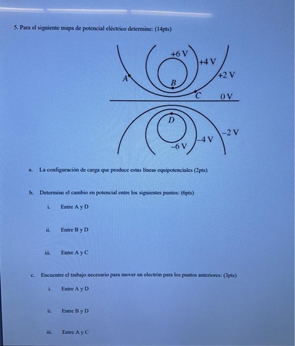 5. Para el siguiente mapa de potencial eléctrico determine: (14pts) a. La configuración de carga que produce estas lineas equ