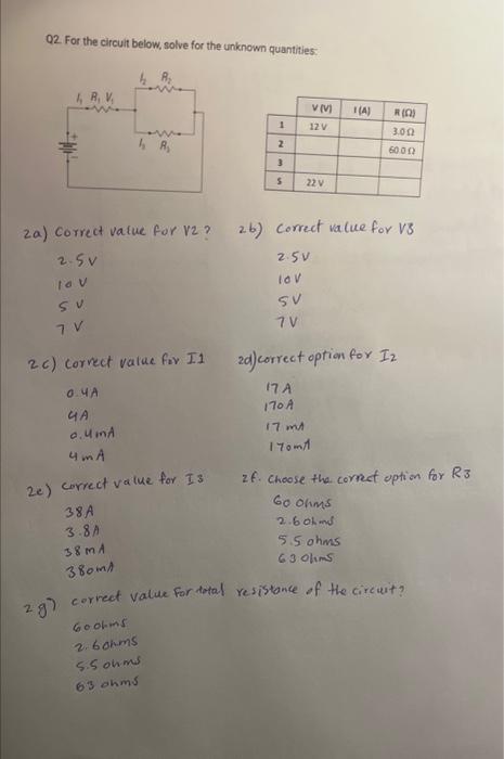 Solved Q2. For the circuit below, solve for the unknown | Chegg.com