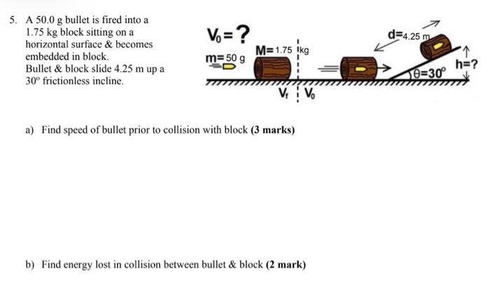 Solved 5. A 50.0 g bullet is fired into a 1.75 kg block | Chegg.com