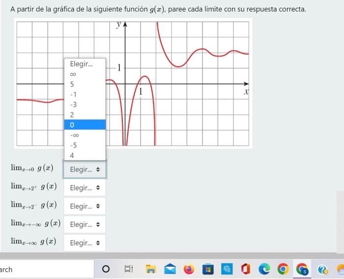 A partir de la qráfica de la siquiente función \( g(x) \), paree cada limite con su respuesta correcta.