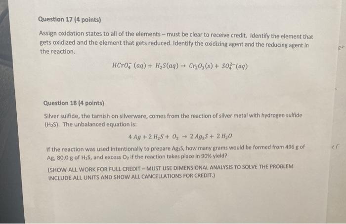 Solved Question 17 (4 Points) Assign Oxidation States To All | Chegg.com