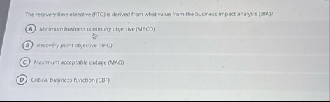 Solved The recovery time objective (RTO) ﻿is derived from | Chegg.com