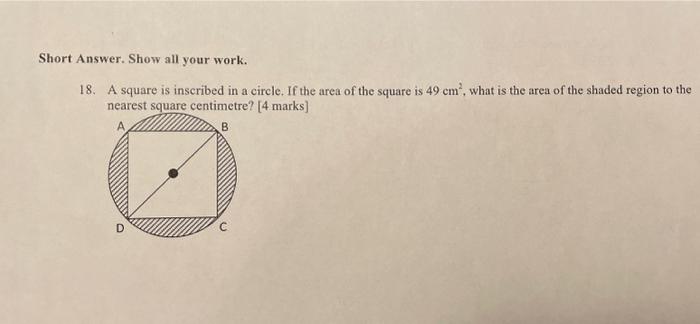 circle inscribed in a square area of shaded region