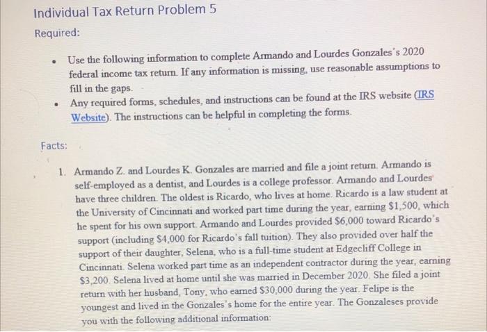 Solved Individual Tax Return Problem 5 Required: • Use the | Chegg.com
