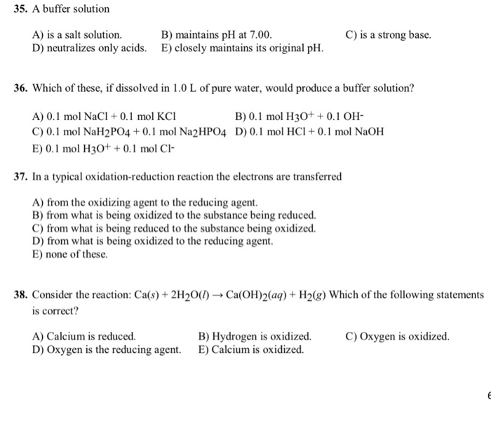 Solved 35. A buffer solution A) is a salt solution. D) | Chegg.com