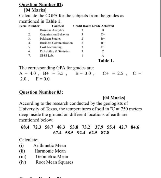 B Question Number 02 04 Marks Calculate The Cgpa Chegg Com