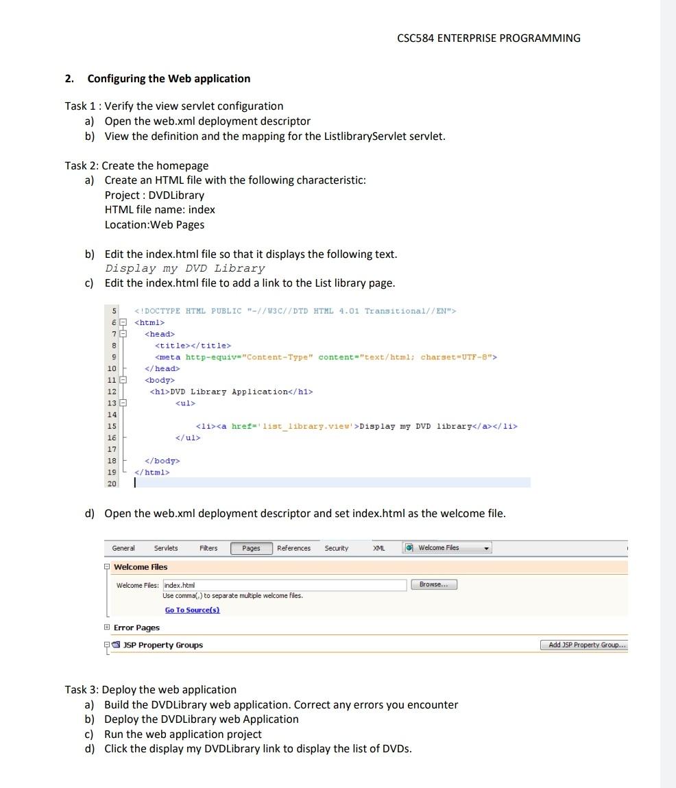 Solved CSC584 ENTERPRISE PROGRAMMING 2. Configuring the Web | Chegg.com