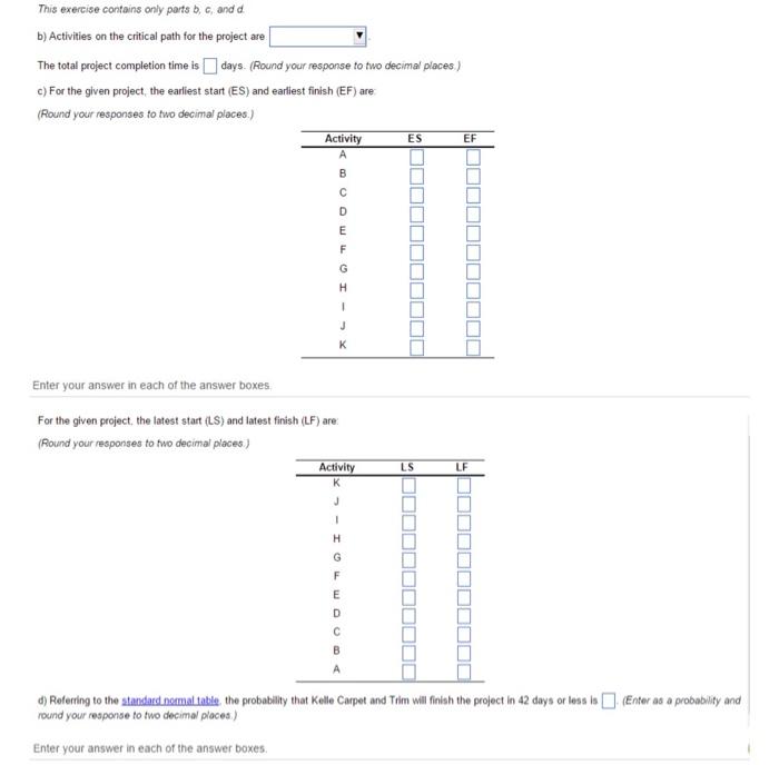 This exercise contains anly parts \( b, c \), and \( d \)
b) Activities on the critical path for the project are
The total pr