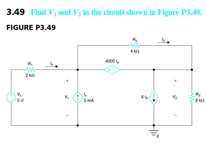 Solved 3.49 Find V, and V2 in the circuit shown in Figure | Chegg.com