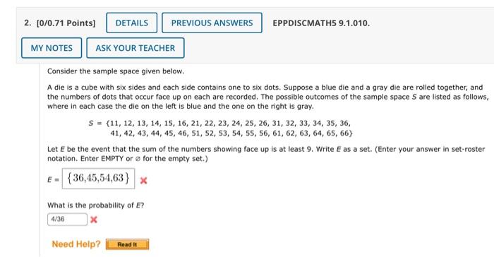 Solved Consider the sample space given below. A die is a | Chegg.com