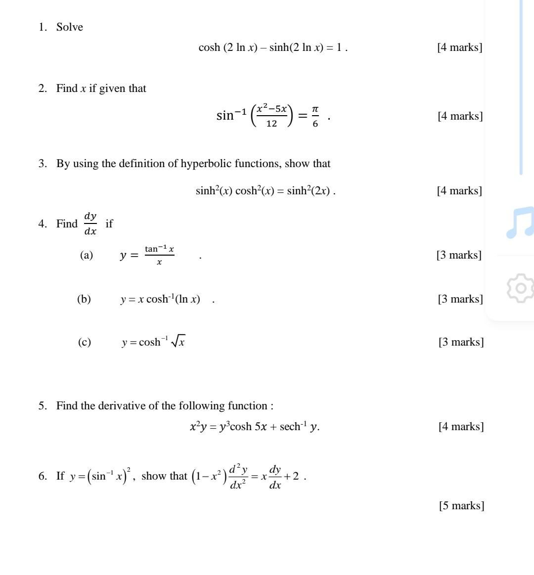 Solved 1. Solve cosh (2 In x) - sinh(2 ln x) = 1. [4 marks] | Chegg.com