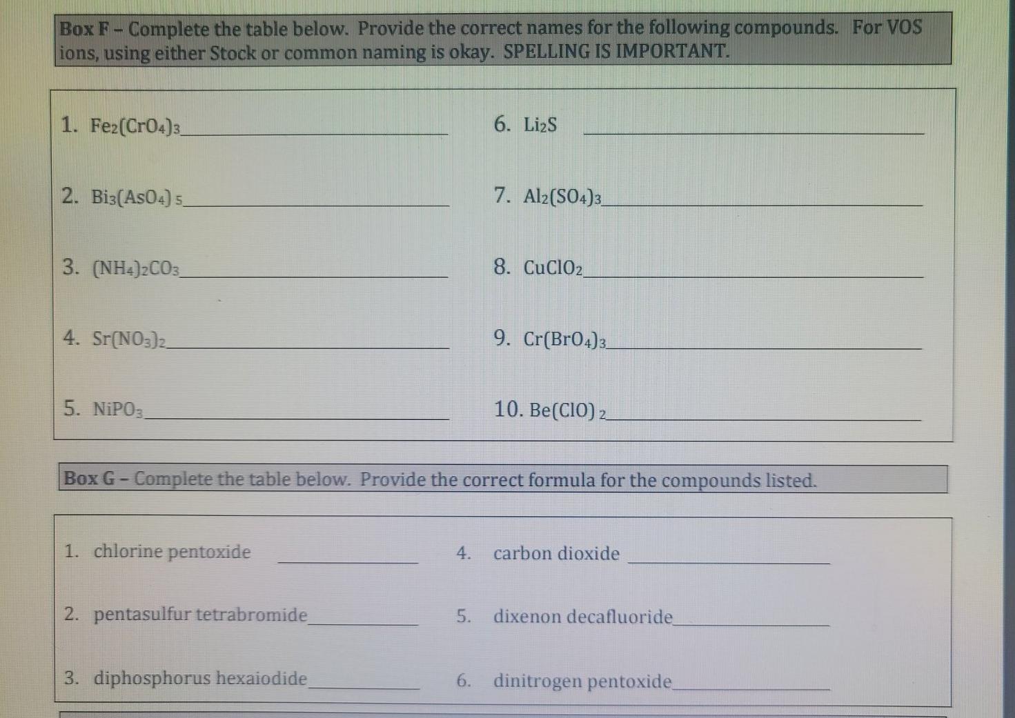 Solved BoxF - Complete the table below. Provide the correct | Chegg.com