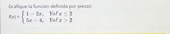 Grafique la función definida por piezas: \[ f(x)=\left\{\begin{array}{ll} 1-2 x, & Y_{\text {of }} x \leq 2 \\ 5 x-4, & Y_{\t