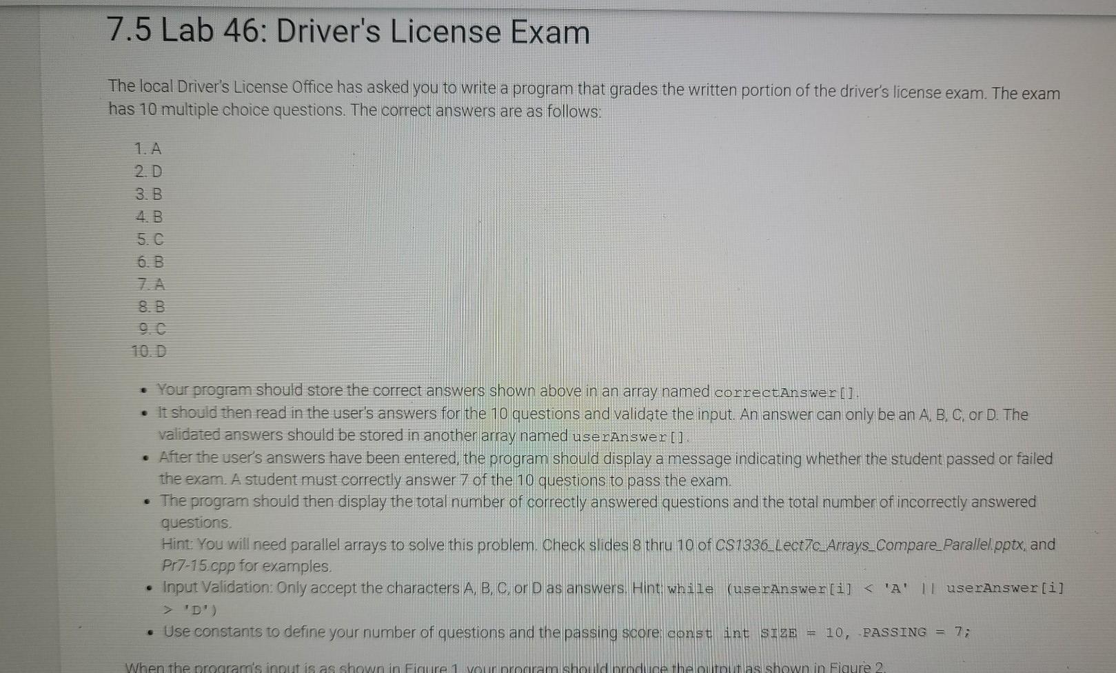 Solved 7.5 Lab 46: Driver's License Exam The local Driver's | Chegg.com