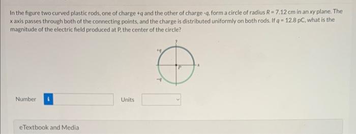 In the figure two curved plastic rods, one of charge \( +q \) and the other of charge \( -q \), form a circle of radius \( R=