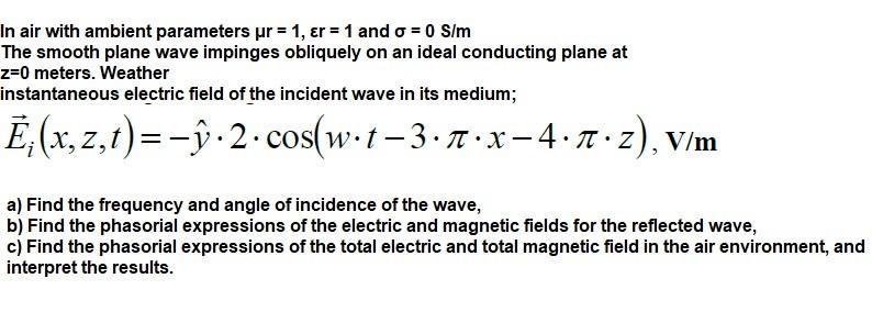 Solved In air with ambient parameters μr=1,εr=1 and σ=0 S/m | Chegg.com