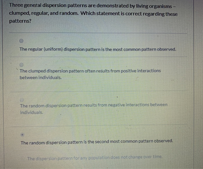 Solved Three general dispersion patterns are demonstrated by | Chegg.com