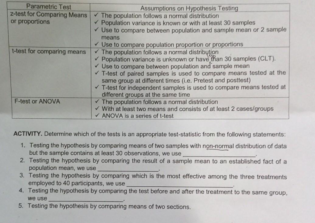 Solved Parametric Test z-test for Comparing Means or | Chegg.com