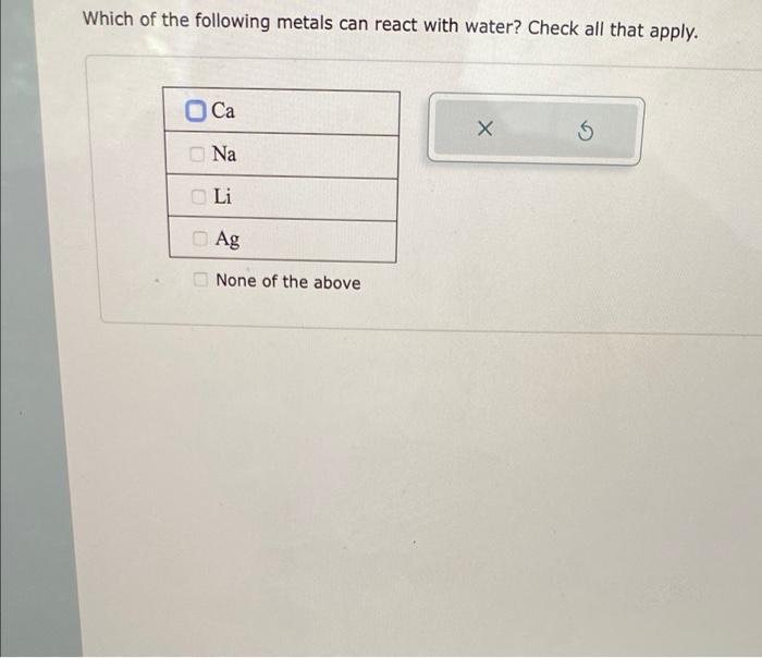 Solved Which of the following metals can react with water? | Chegg.com