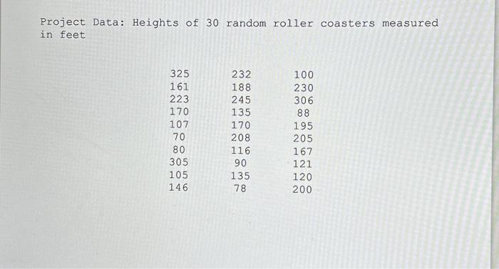Solved Project Data: Heights of 30 random roller coasters | Chegg.com