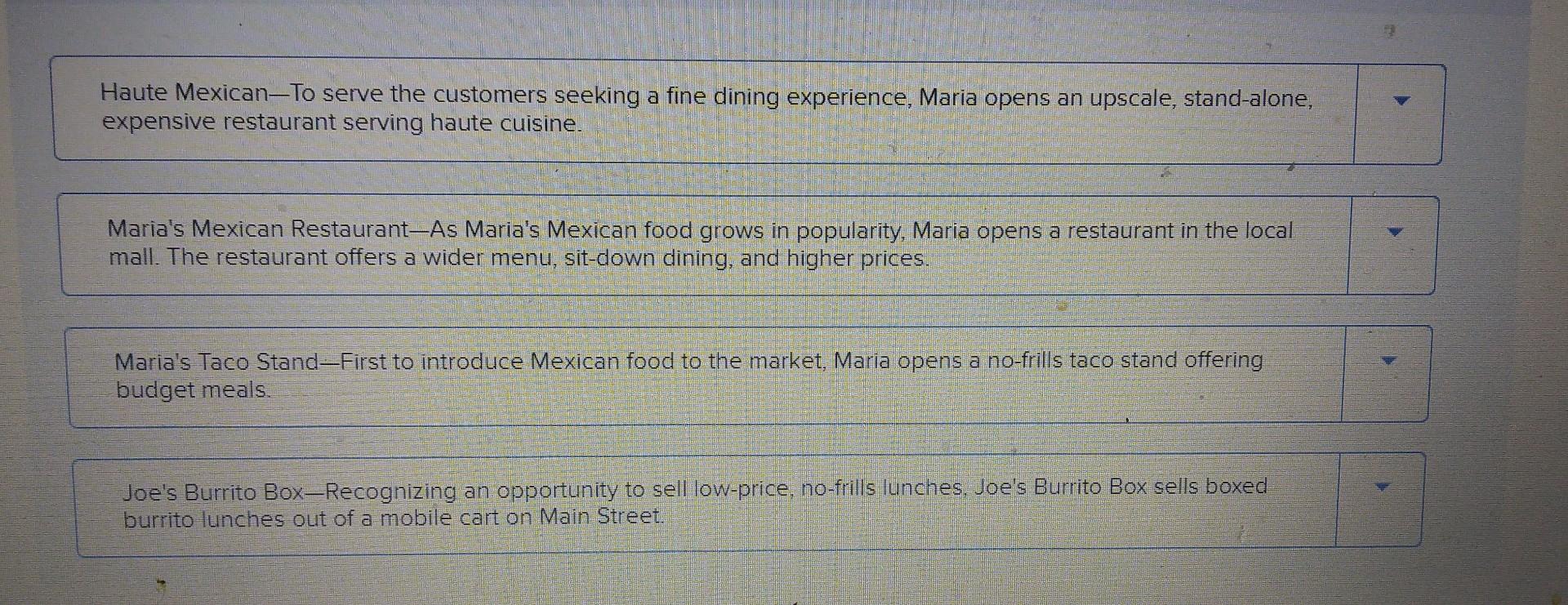 Haute Mexican-To serve the customers seeking a fine dining experience, Maria opens an upscale, stand-alone, expensive restaur