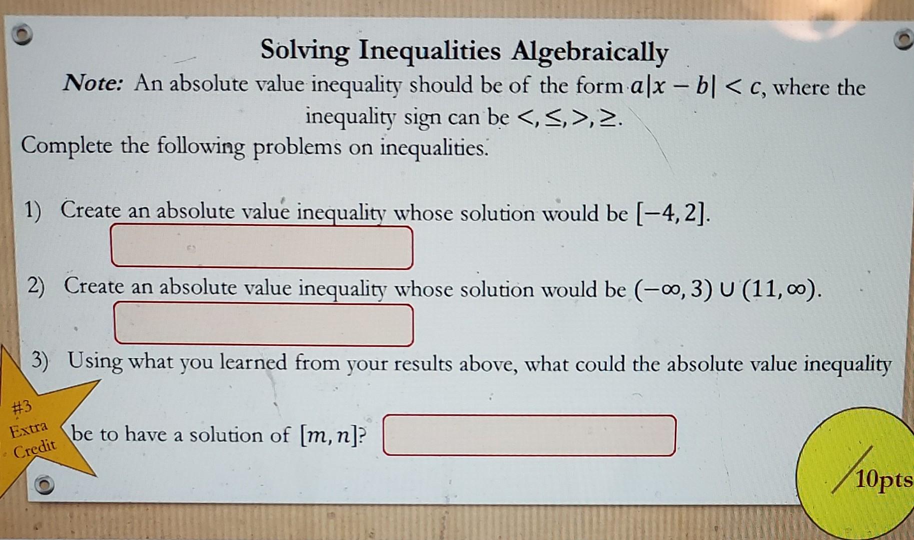 Solved Solving Inequalities Algebraically Note: An absolute | Chegg.com