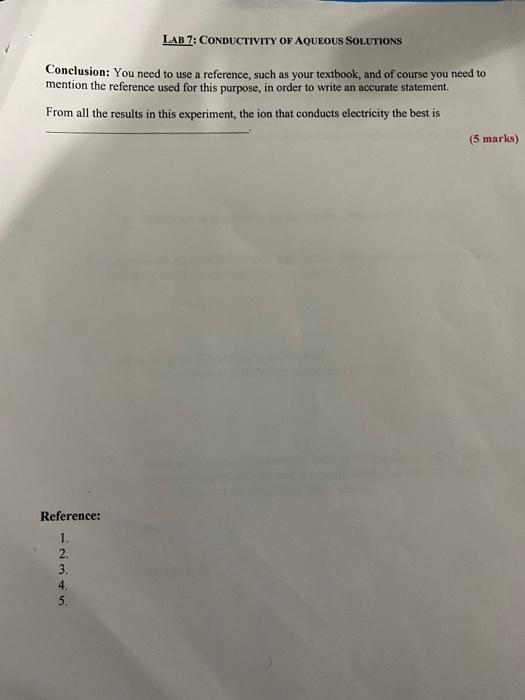 Solved LAB 7 CONDUCTIVITY OF AQUEOUS SOLUTIONS Conclusion