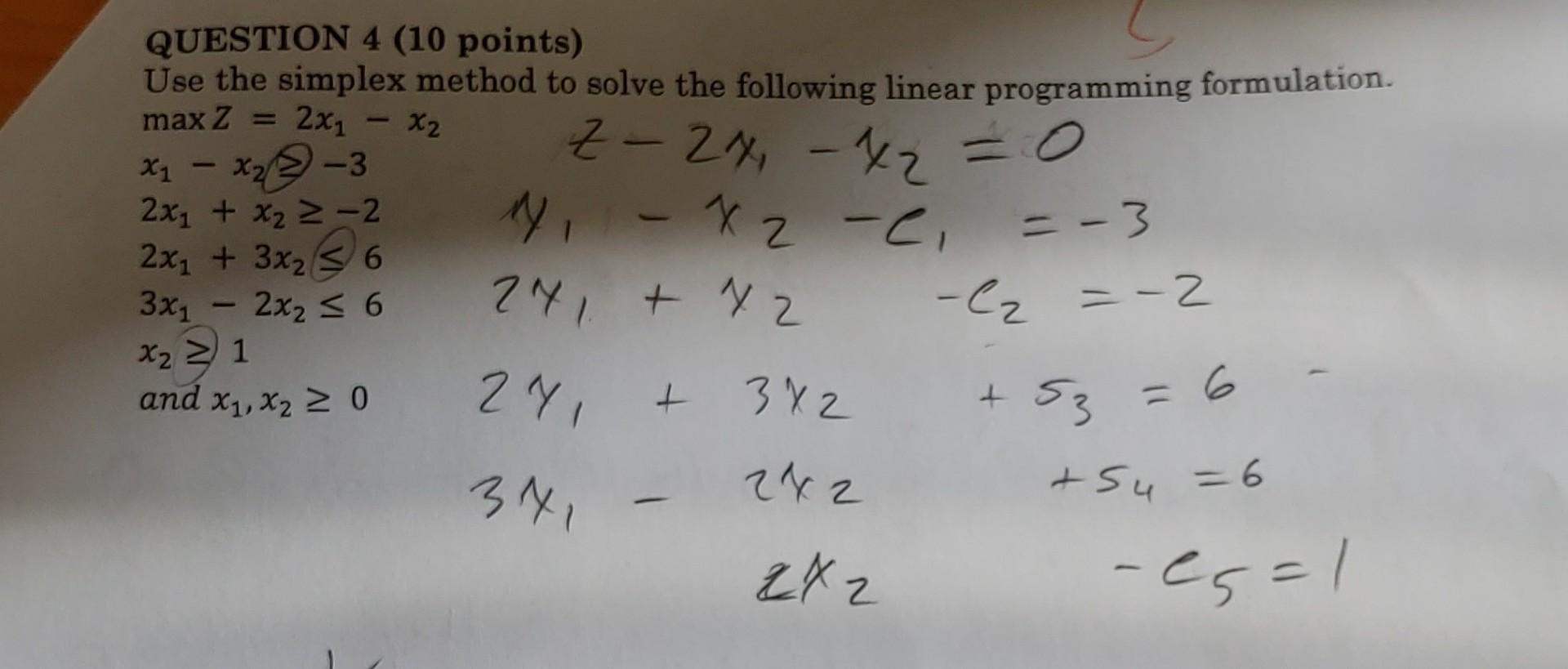 Solved QUESTION 4 (10 Points) Use The Simplex Method To | Chegg.com