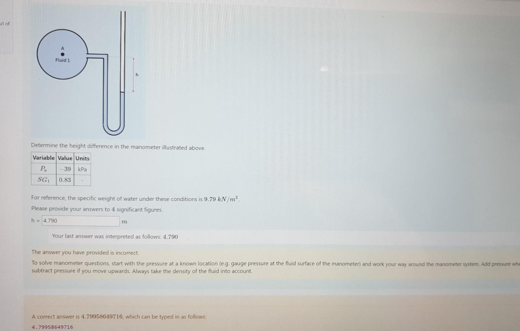Solved ut of Fluid 1 h Determine the height difference in | Chegg.com