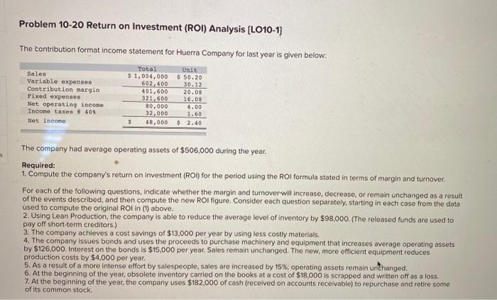 Solved Problem 10-20 Return on Investment (ROI) Analysis | Chegg.com