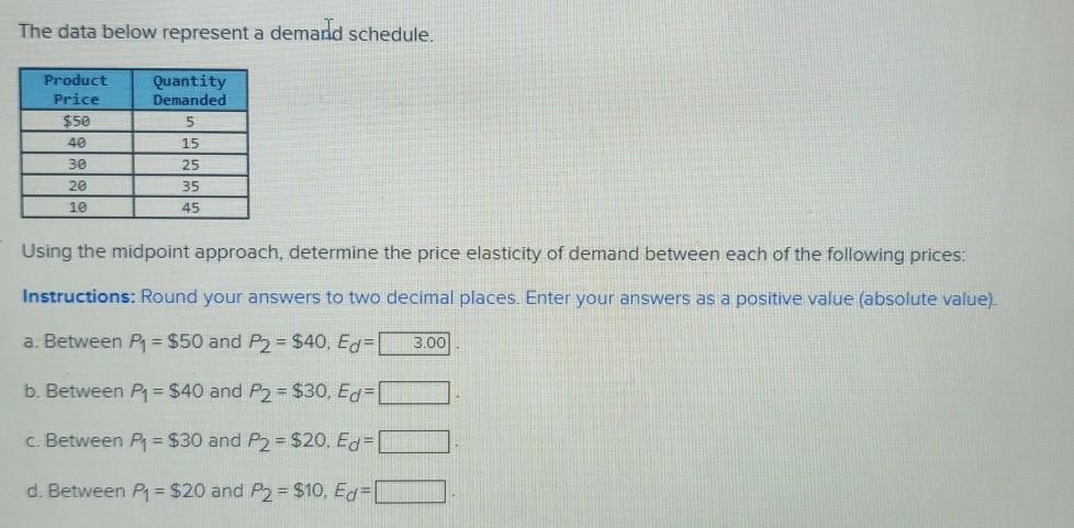 Solved The data below represent a demand schedule. Product | Chegg.com