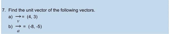 Solved 7. Find the unit vector of the following vectors. a) | Chegg.com